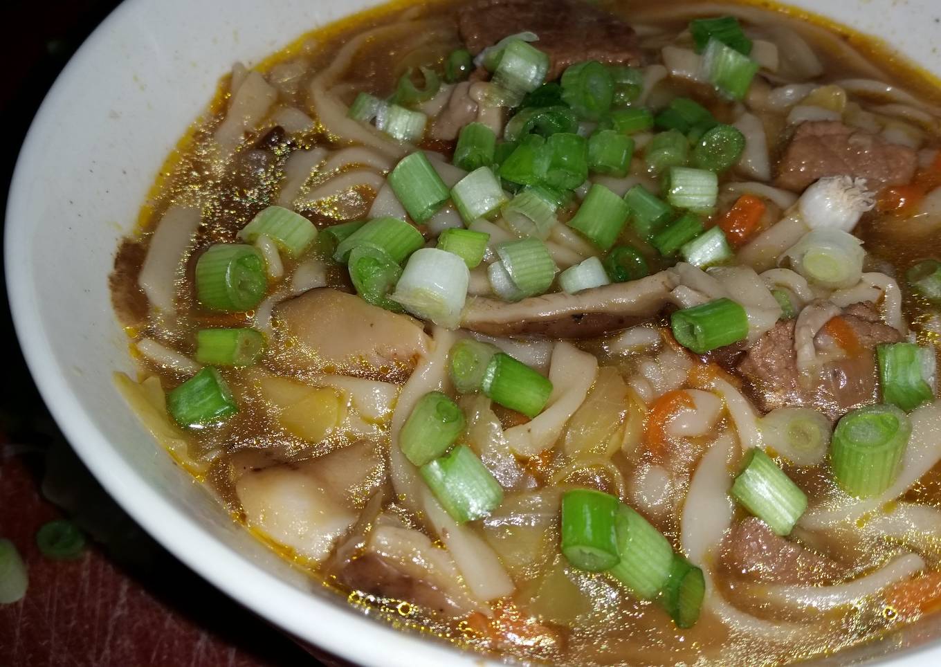 asian beef and mushroom noodle soup