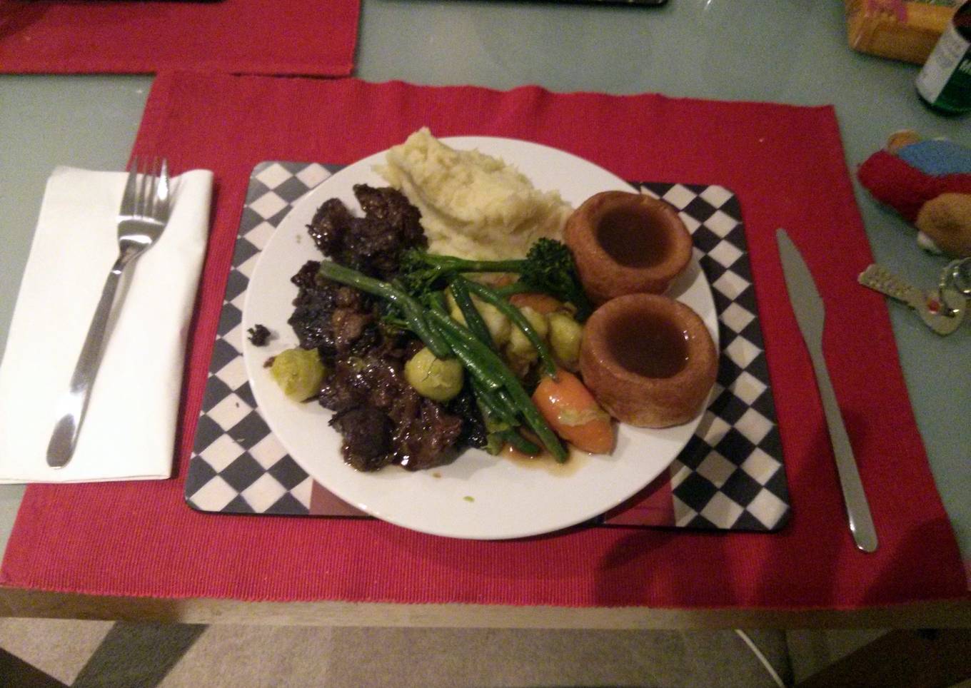 beef in guinness with celeriac puree yorkshire pudding and veggies