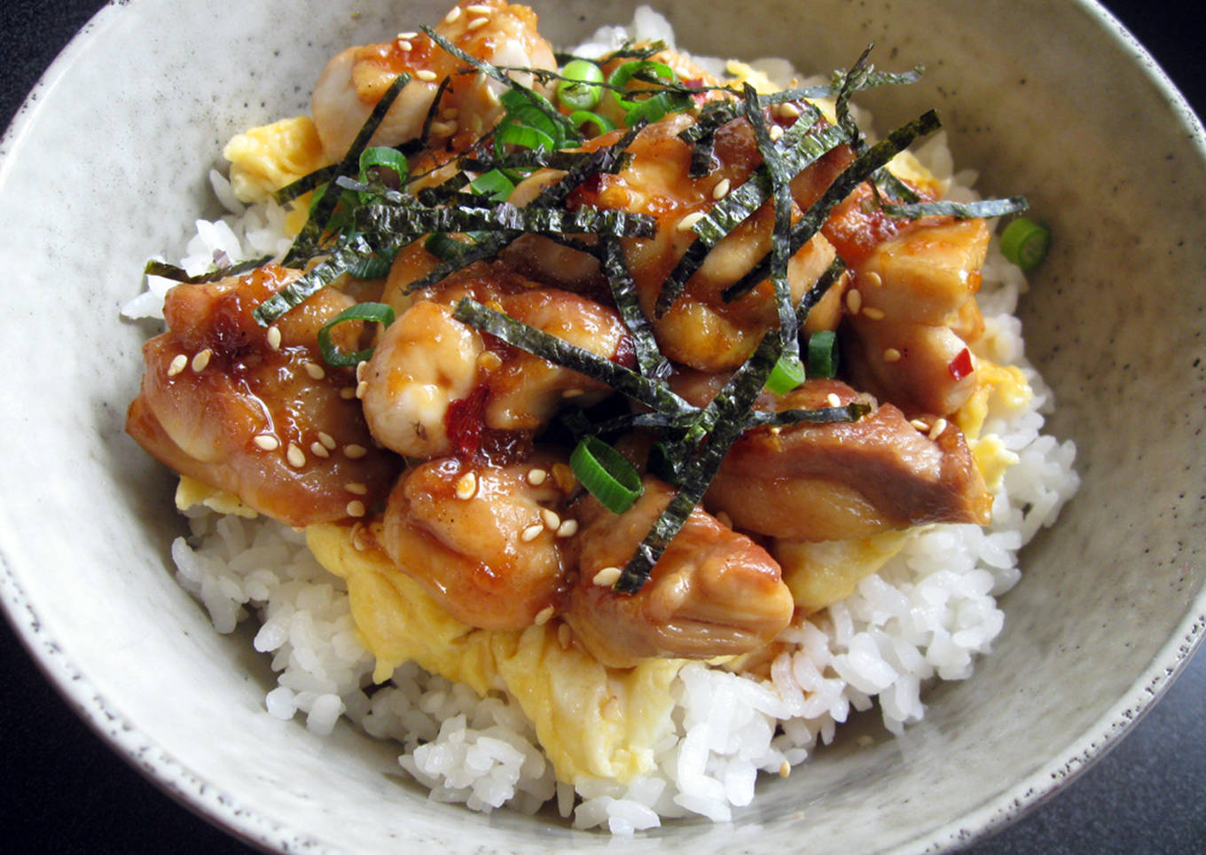 scrambled egg teriyaki chicken rice bowl