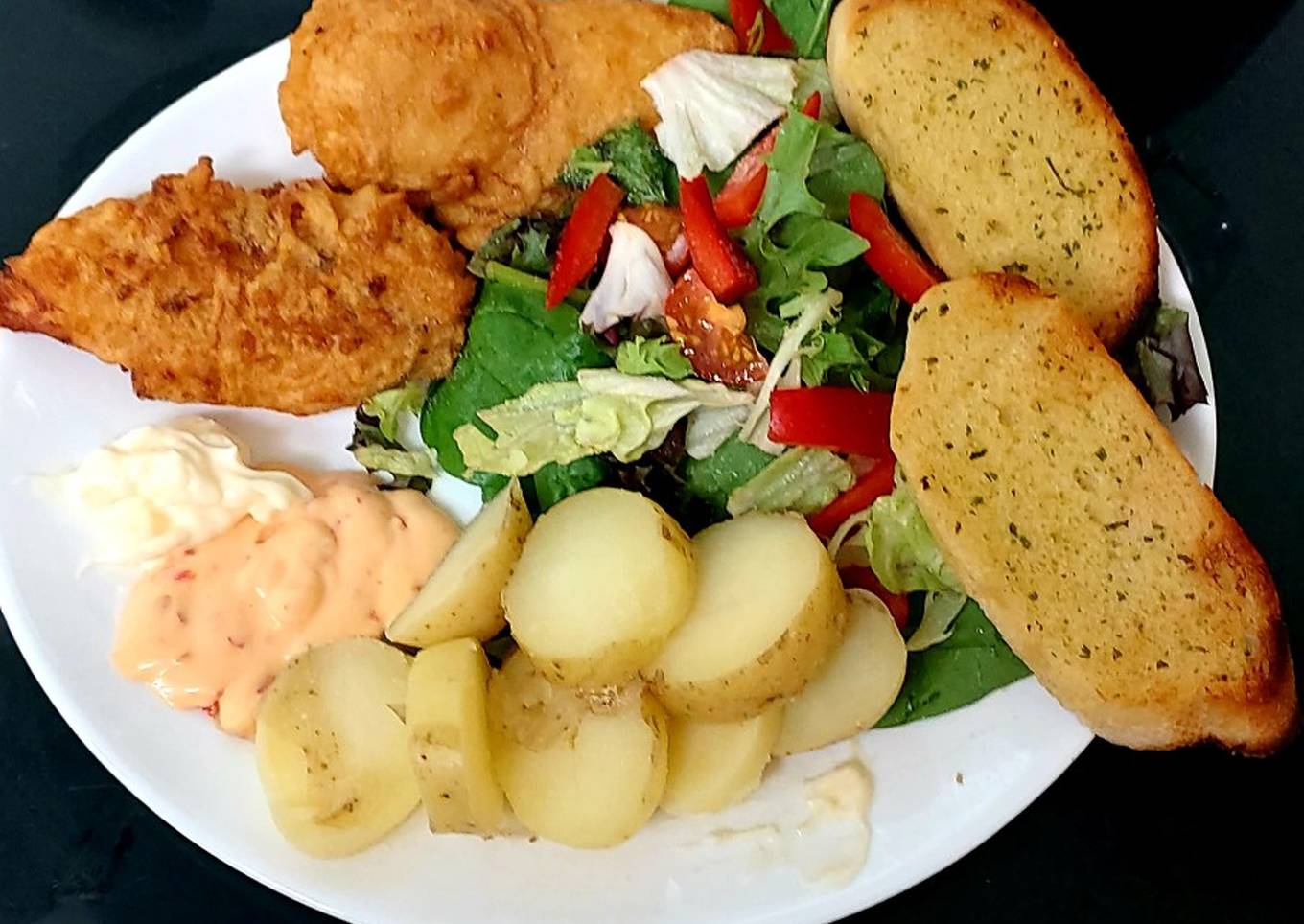 my buttermilk battered chicken breasts with salad
