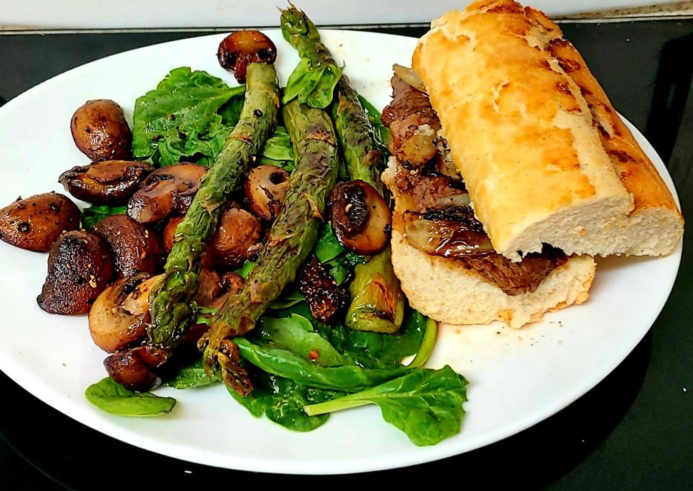 my garlic ribeye sandwich with spinach asparagus mushrooms
