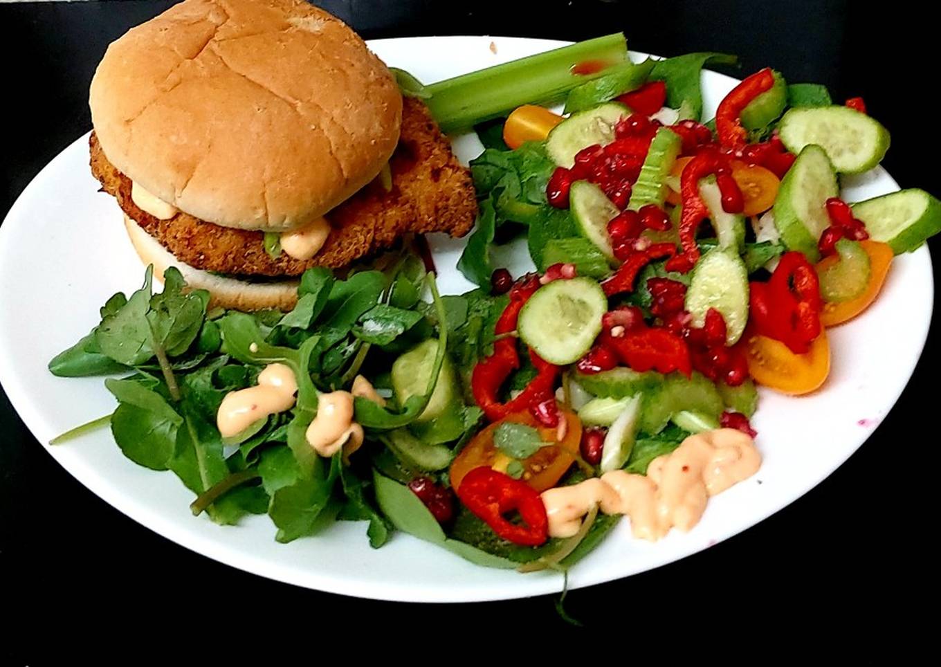 my southern fried chicken burger with a tasty salad