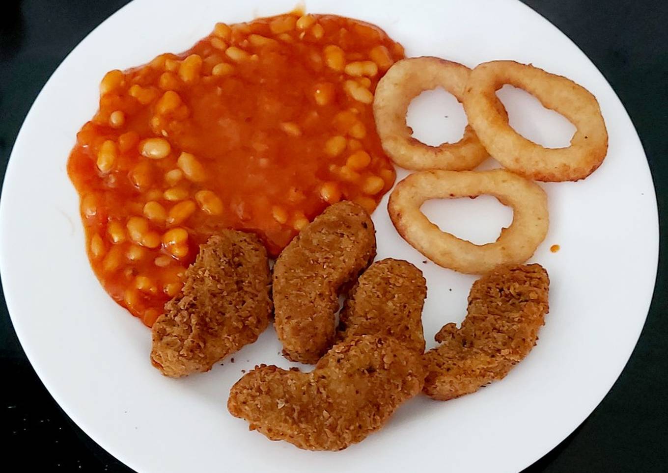 southern fried chicken dippers onion rings bbq beans