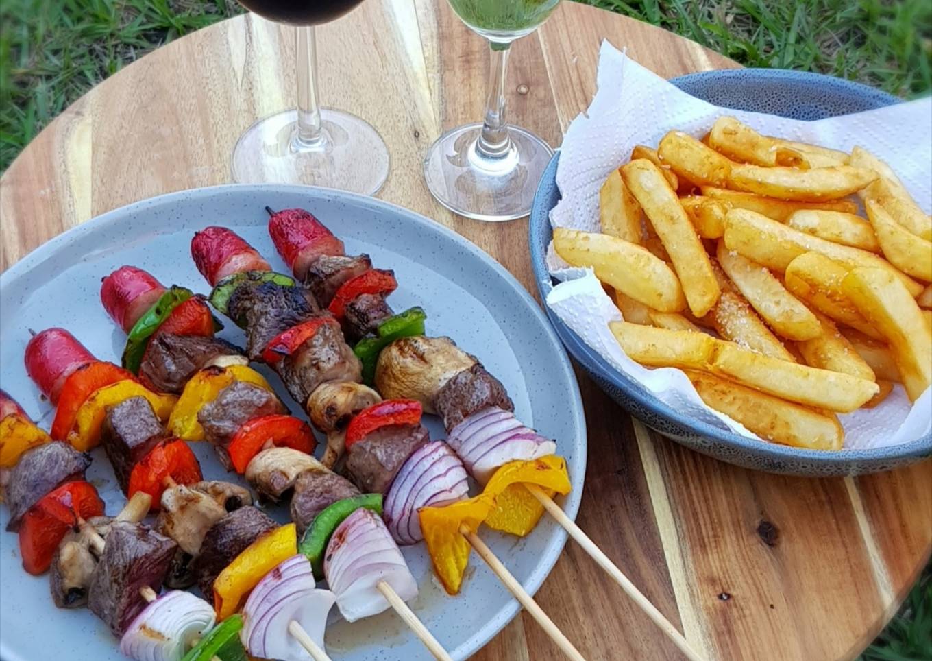 beef and vegetables kebab with frenchfries
