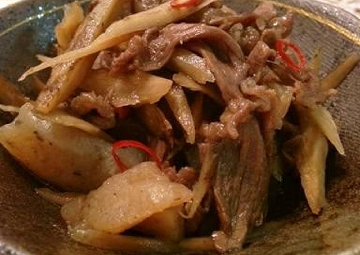 simmered beef and burdock root with konnyaku
