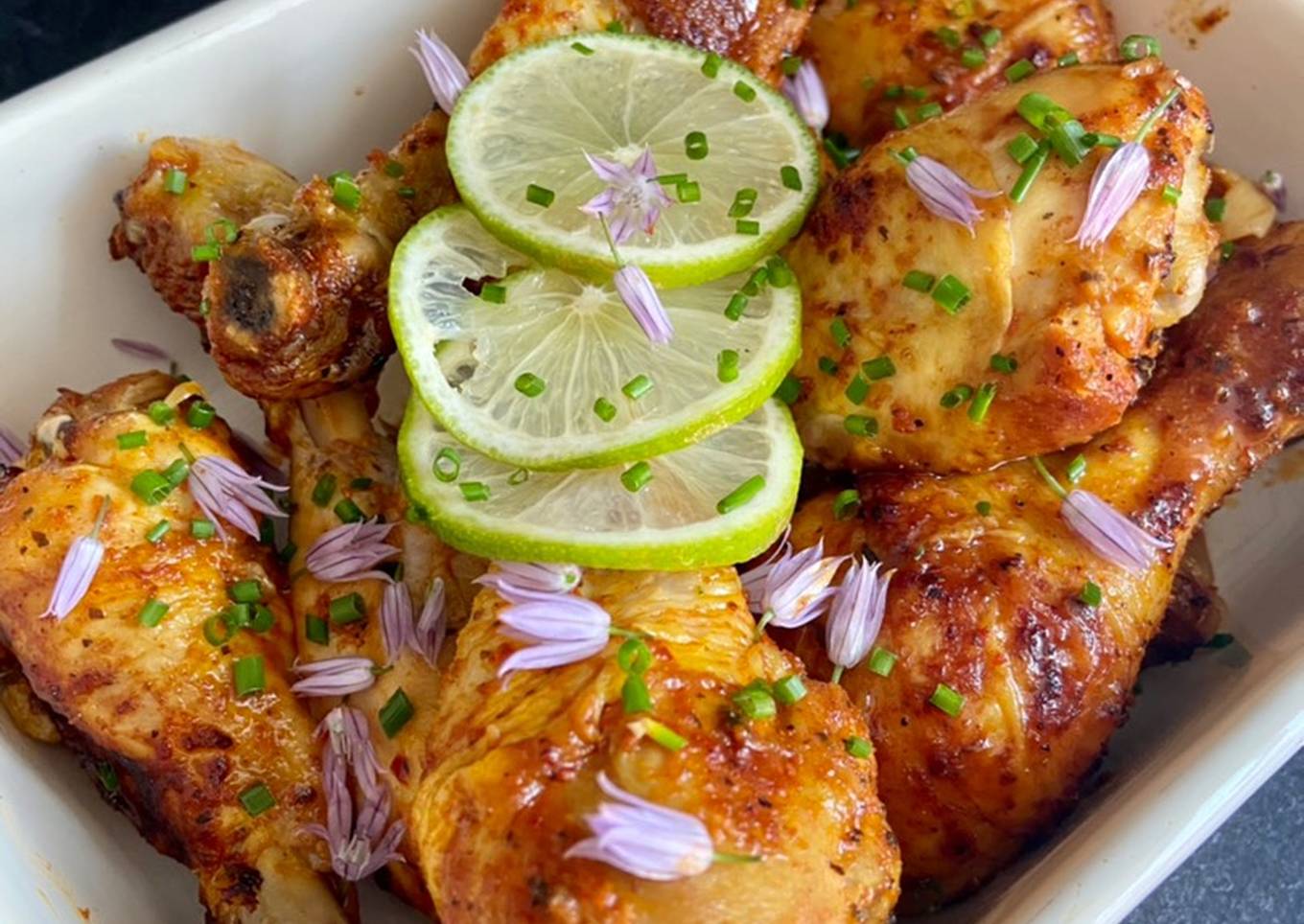 brazilian lime bbq chicken with chive flowers