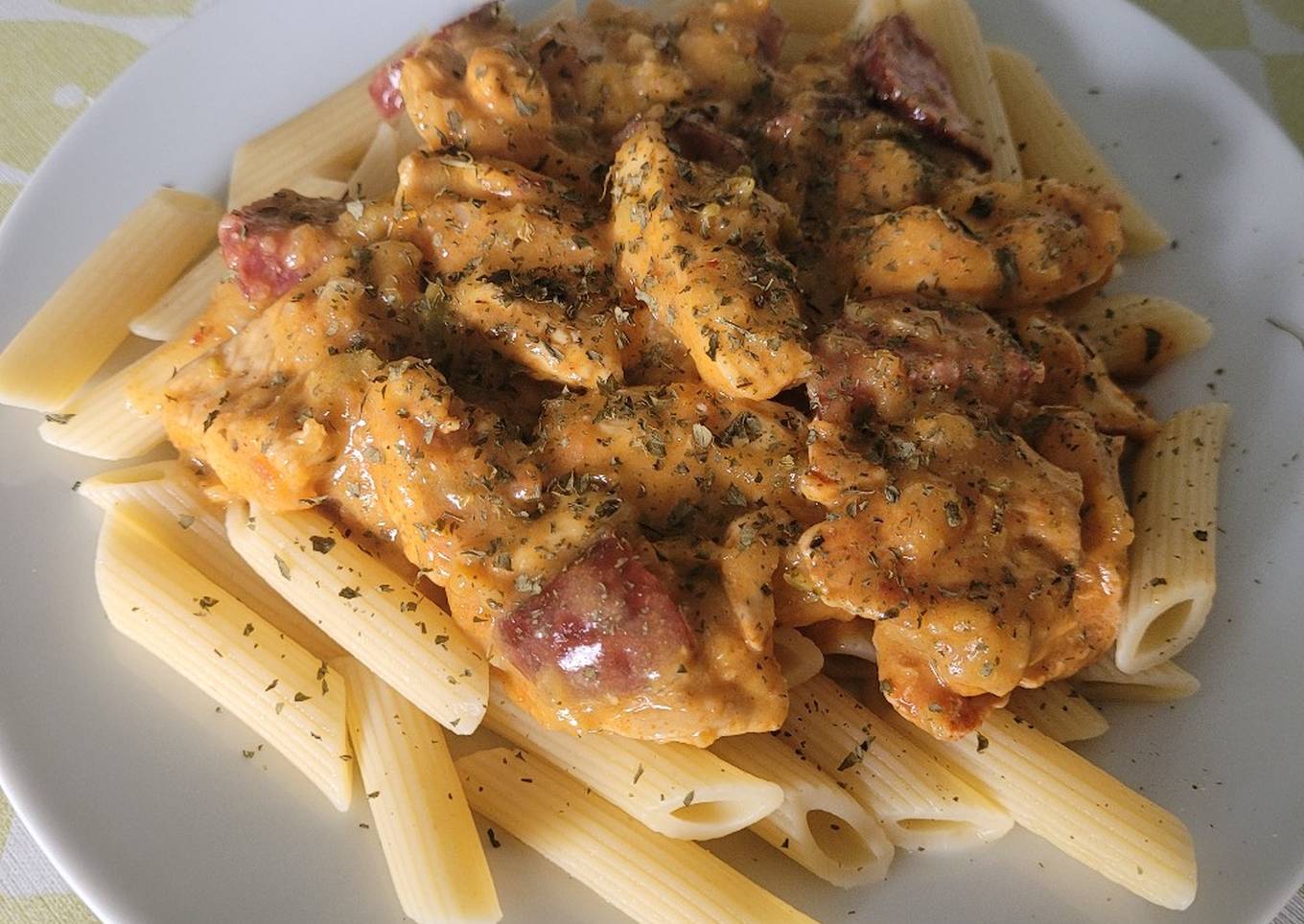 creamy and spicy chicken and chorizo pasta