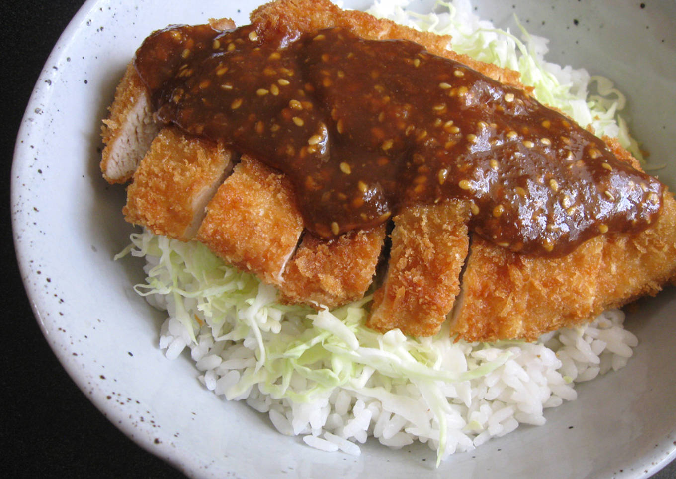 chicken katsu rice bowl with sesame miso sauce