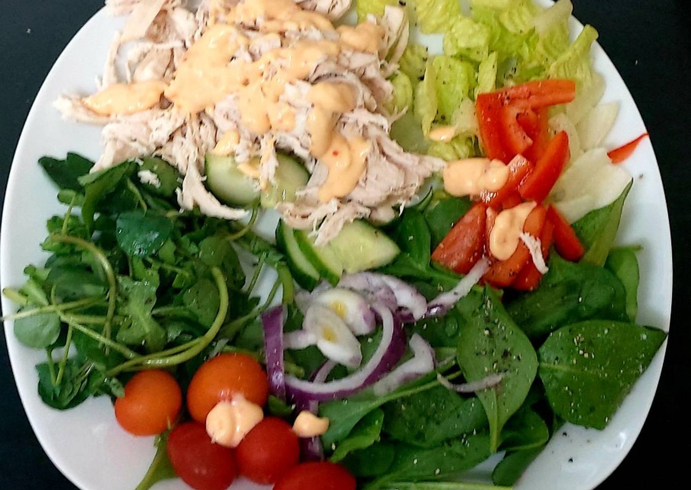 My favourite,Steamed Pulled Chicken Salad with a Spicy Mayonnaise