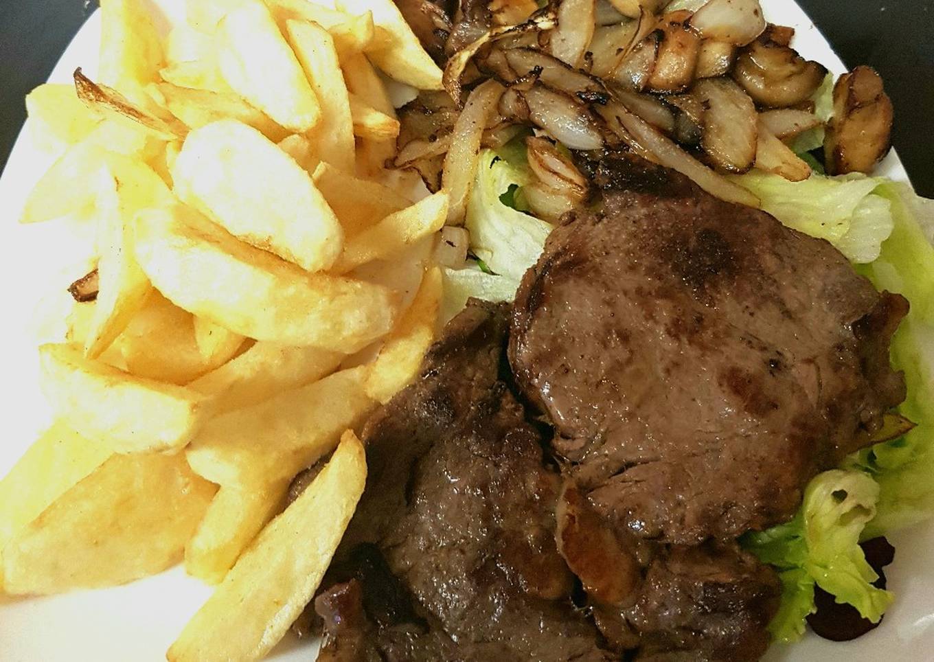Ribeye Steak onions and mushrooms. With homemade Chips 😀