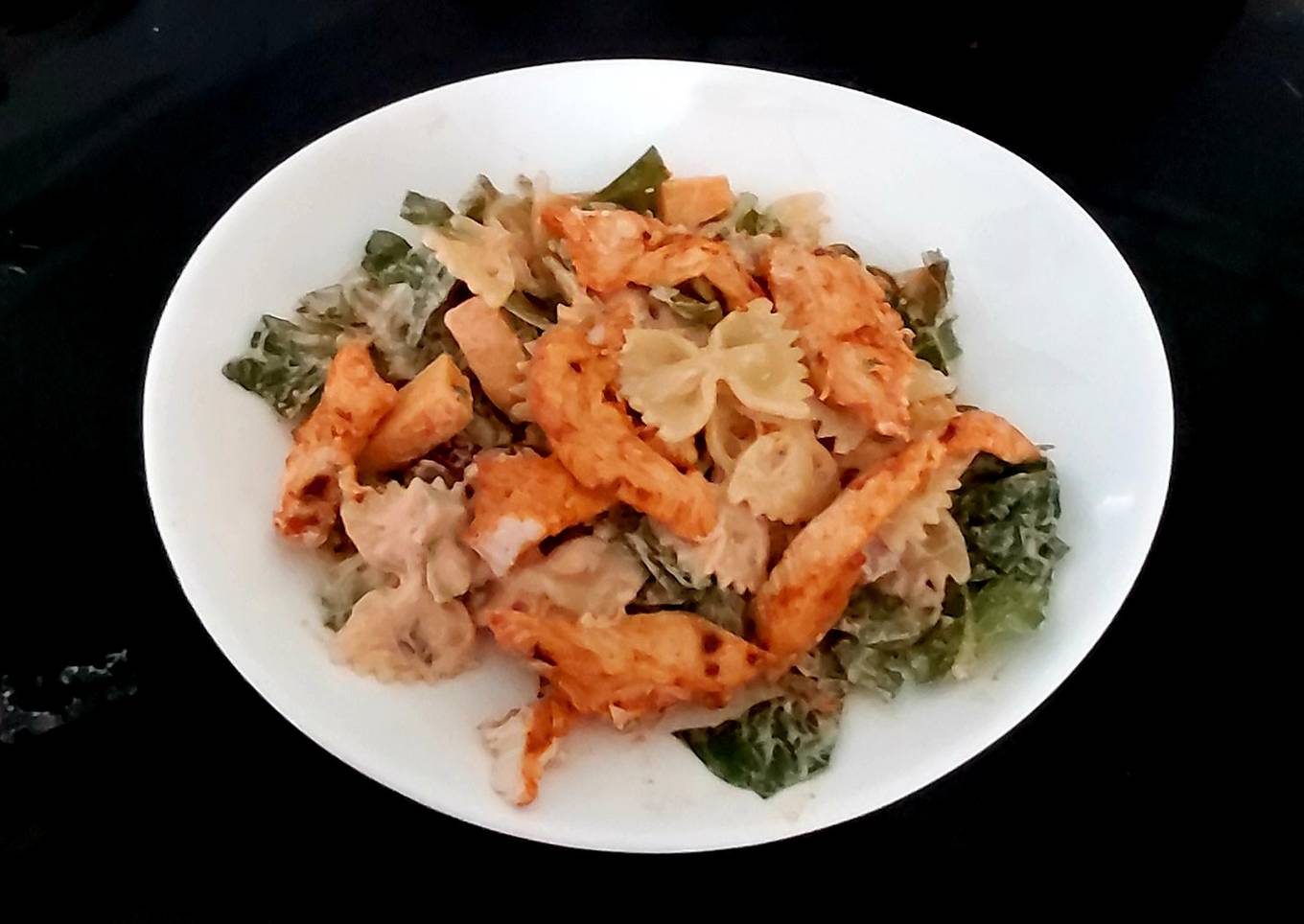 my steamed red peppered chicken farfalle pasta salad