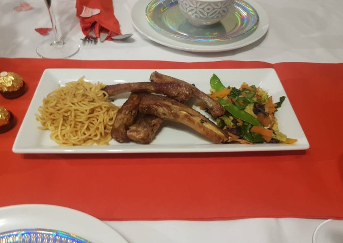 Pork Ribs, Noodles and mixed vegetables
