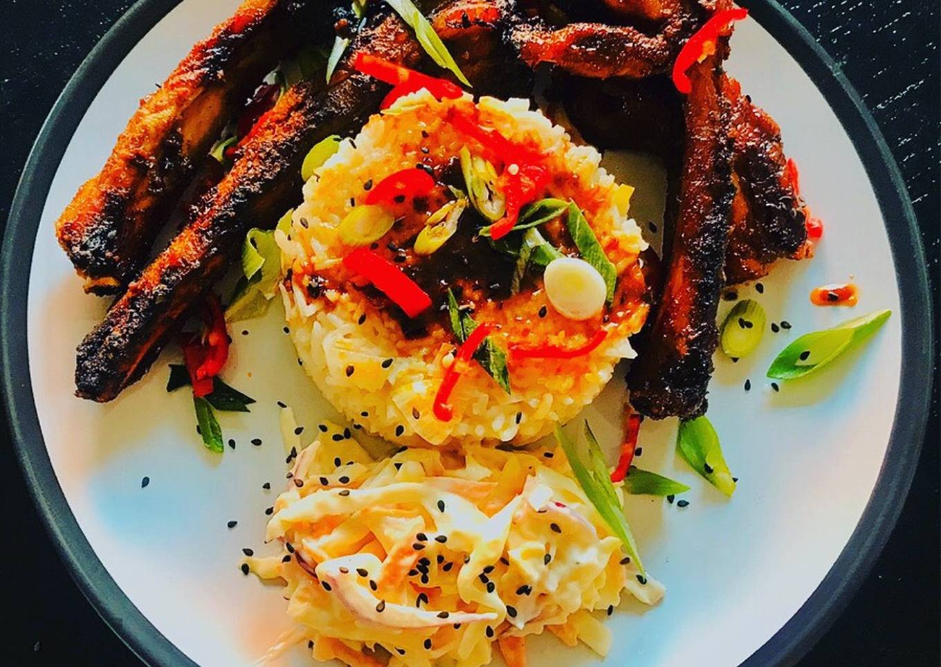 Lime and chilli rice with sticky spicy pork ribs and homemade coleslaw